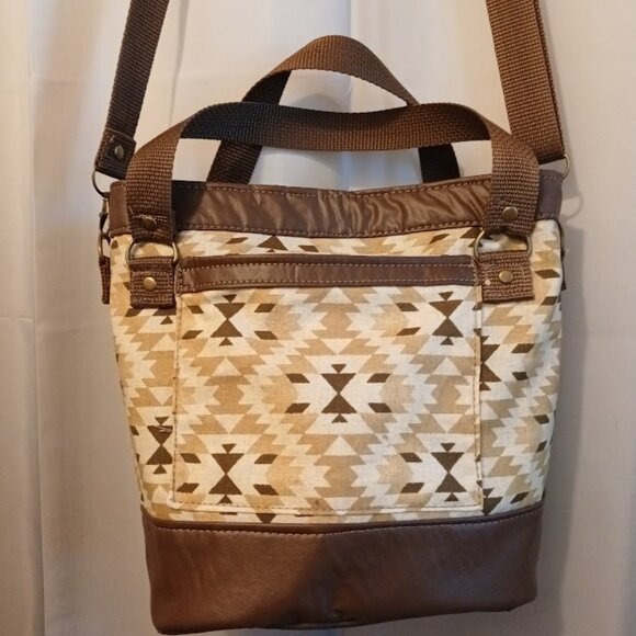 New Bucket Saddle Bag Purse Tote Brown Mustard Chevron Aztec print Pleather - Picture 9 of 10